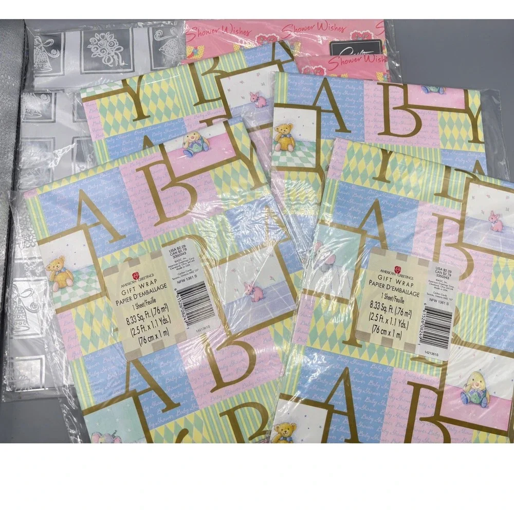 Vintage Baby Shower Gift Wrap Lot American Greetings Carlton‎ Cards 14 Sheets